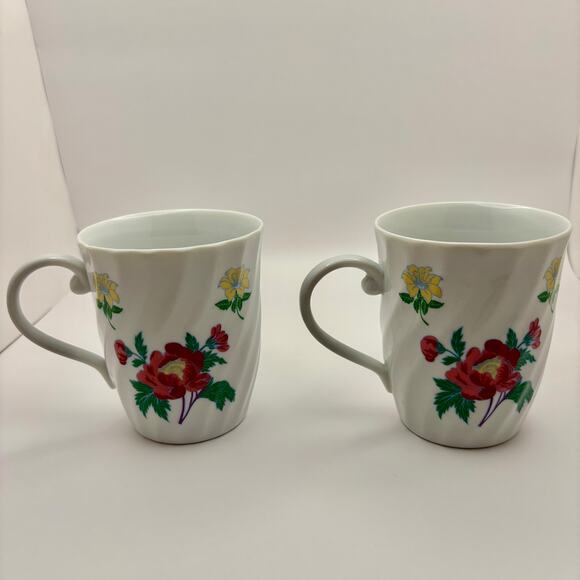 Laura Ashley Parfums Pink Yellow Floral Porcelain Coffee Tea Cup Mug Set of 2 - Picture 2 of 8